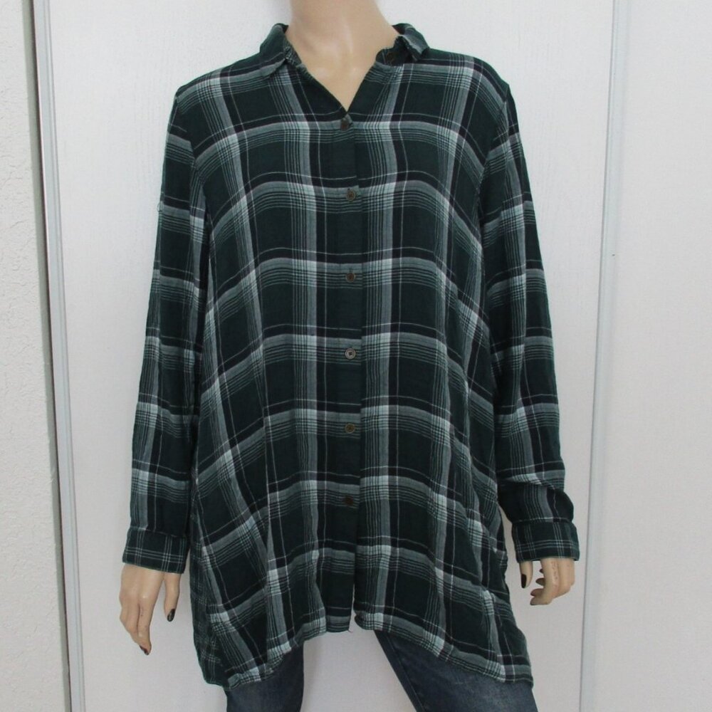 J JILL Shirt Size Large Green Plaid Button Down Tunic